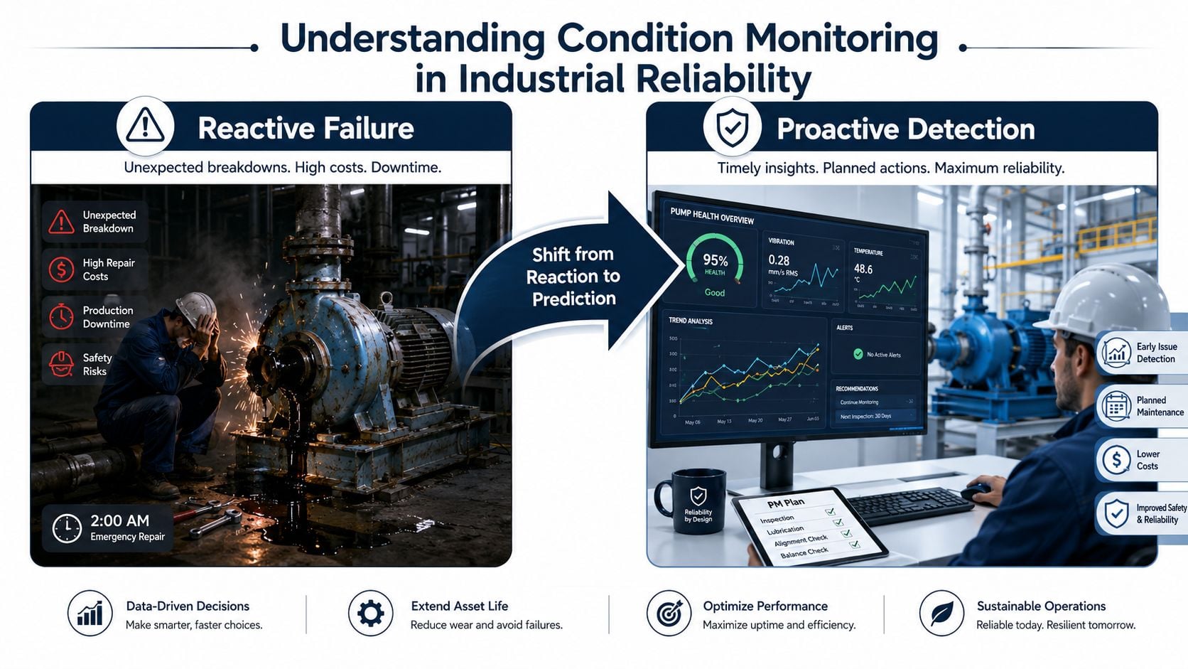 An infographic comparing reactive failure to proactive condition monitoring in an industrial reliability setting.