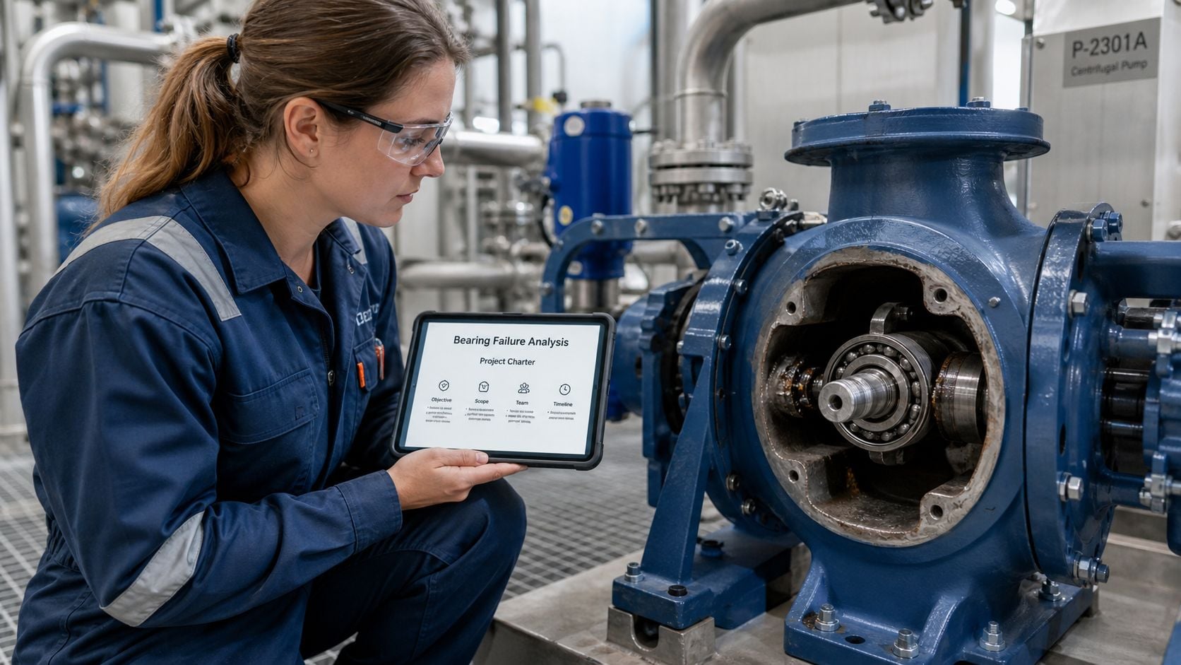 A female industrial technician examines a disassembled centrifuge pump while reviewing failure analysis documentation on her tablet.
