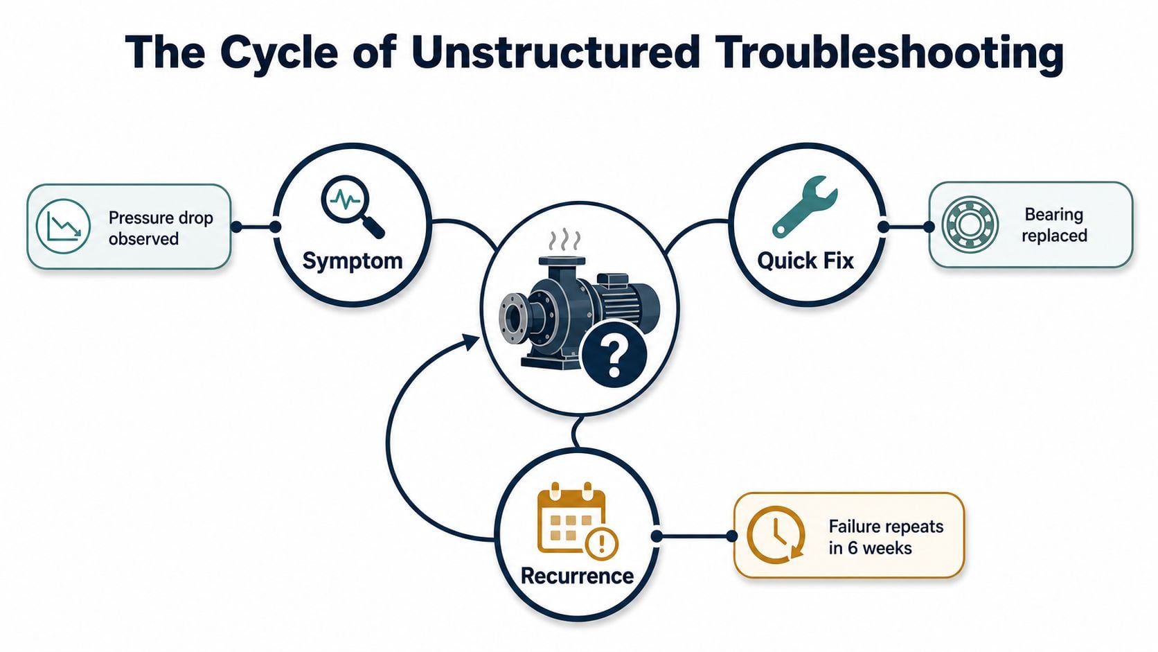 A diagram illustrating the cycle of unstructured troubleshooting for a mechanical pump, highlighting symptom, fix, and recurrence.