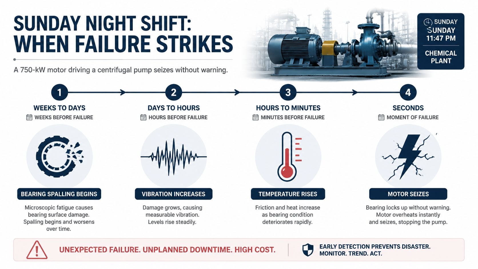 An infographic illustrating the four stages of motor failure in a chemical plant from spalling to seizure.