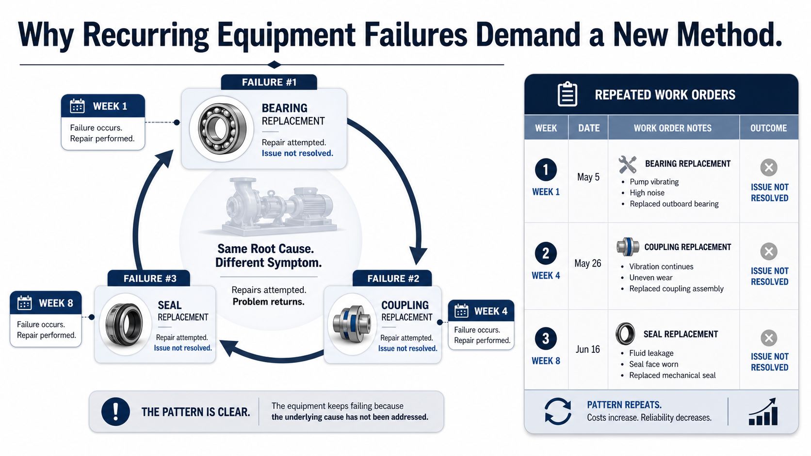 A diagram illustrating how repeated equipment failures occur when the root cause remains unaddressed despite multiple repairs.