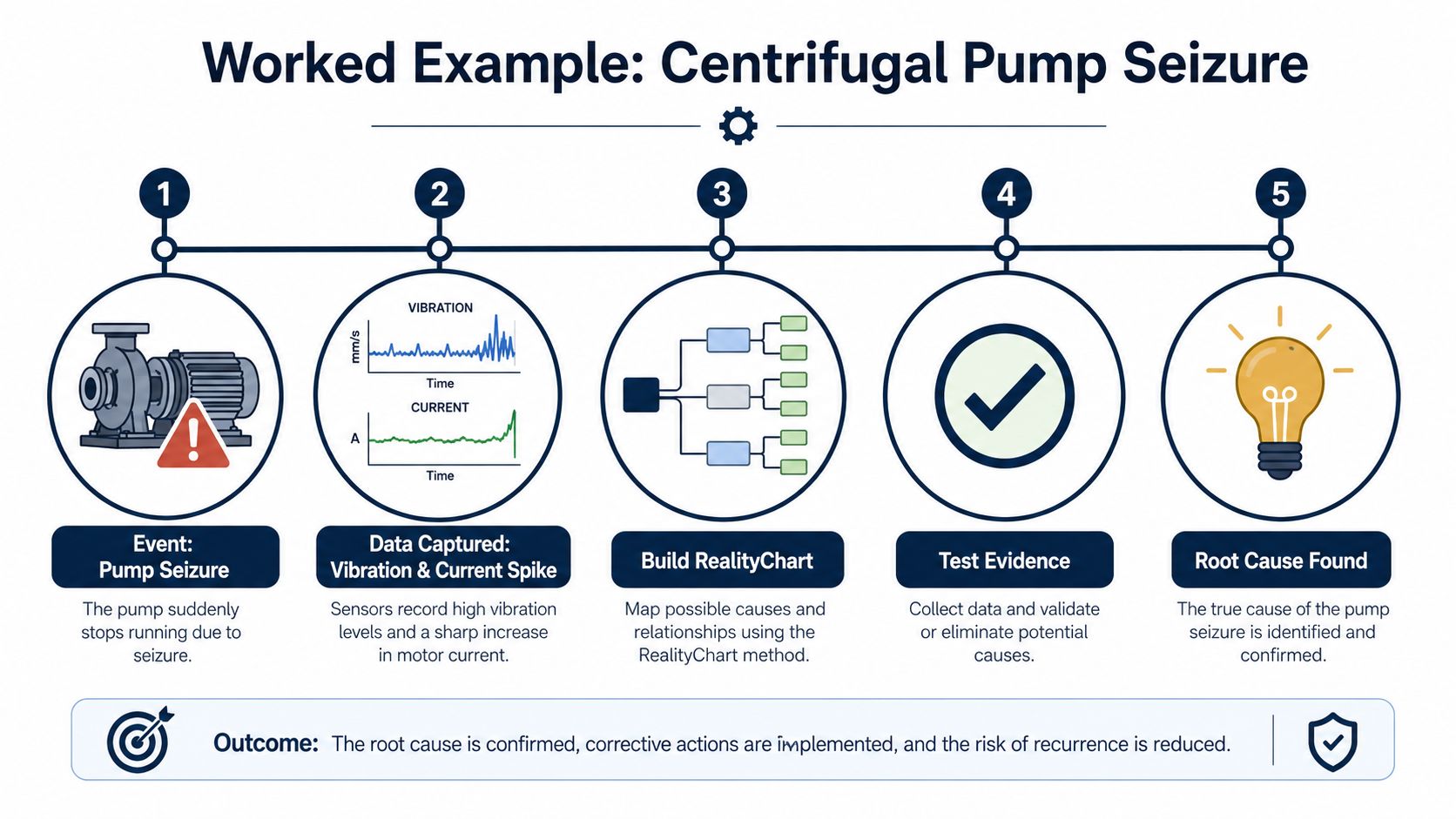 A five-step infographic illustrating a centrifugal pump seizure root cause analysis process using data and diagnostics.