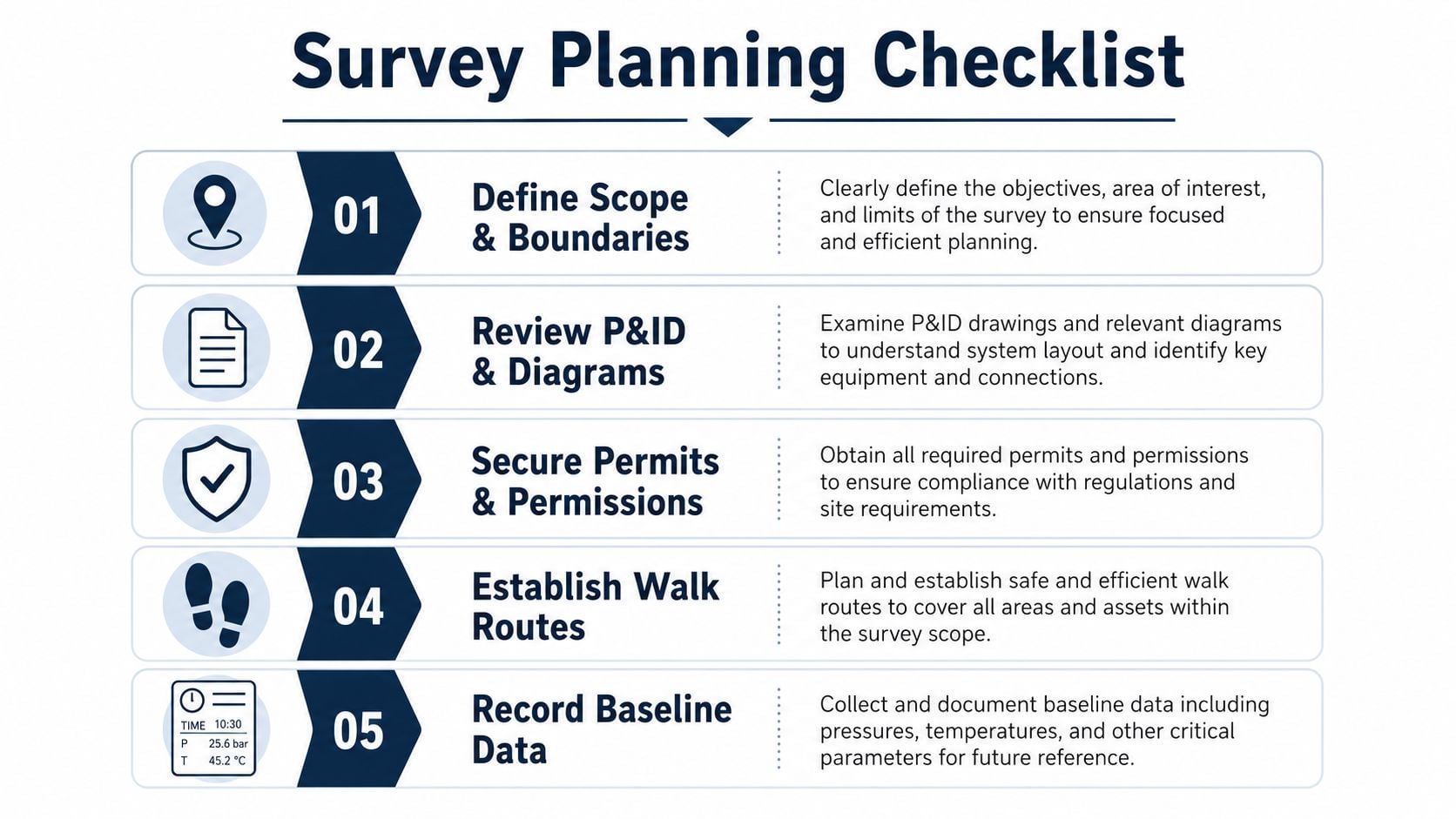 A five-step infographic titled Survey Planning Checklist for industrial maintenance and facility leak detection.