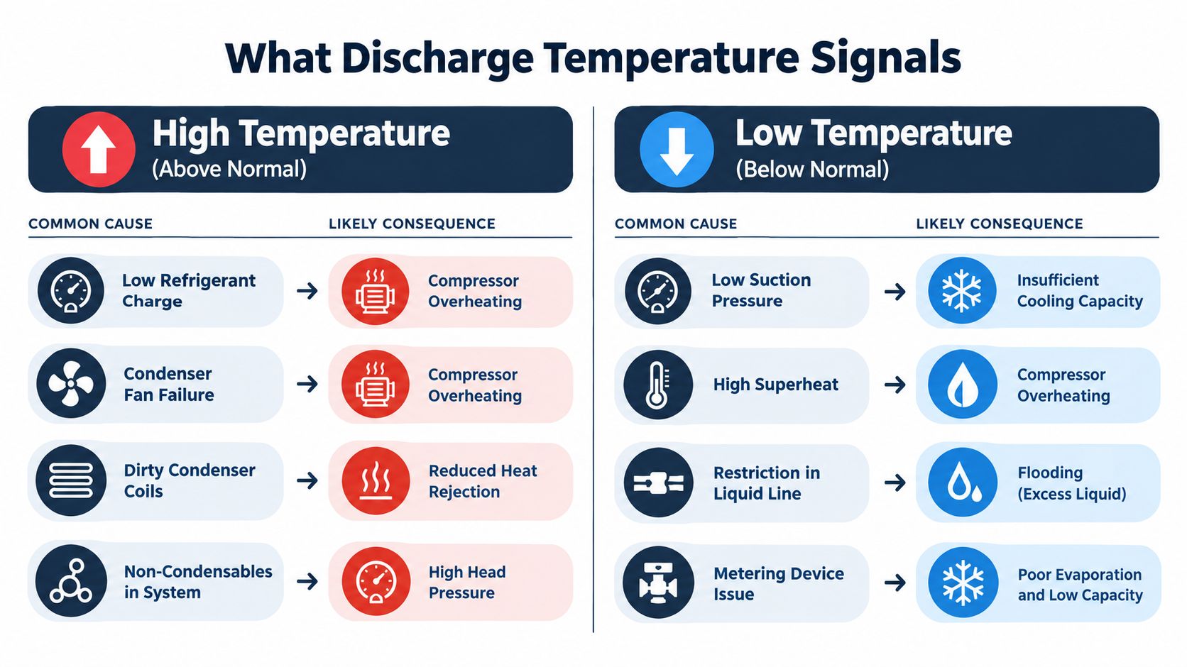 A chart detailing causes and consequences of high and low compressor discharge temperatures in cooling systems.