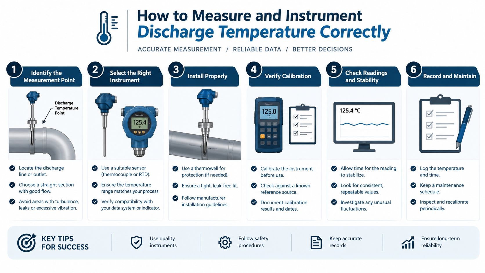 A six-step infographic guide explaining the process for correctly measuring and instrumenting compressor discharge temperatures.