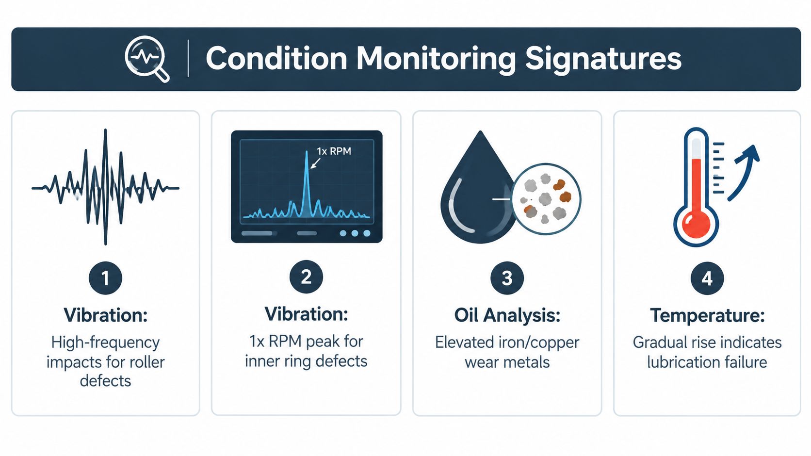 An infographic illustrating four key condition monitoring signatures for maintenance, including vibration patterns, spectrum analysis, oil analysis, and temperature.