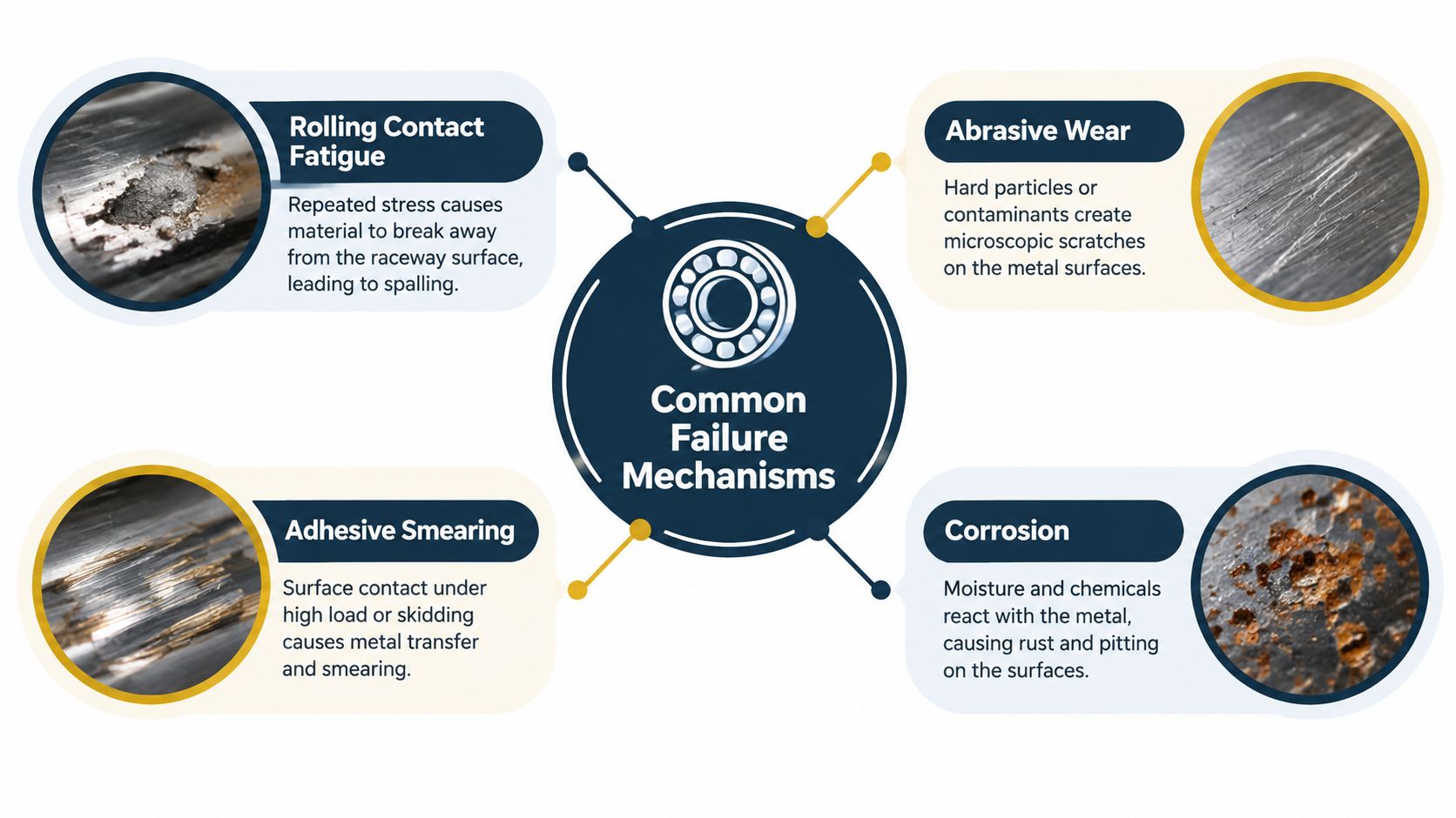 An infographic detailing four common failure mechanisms in bearings including rolling contact fatigue, abrasive wear, adhesive smearing, and corrosion.