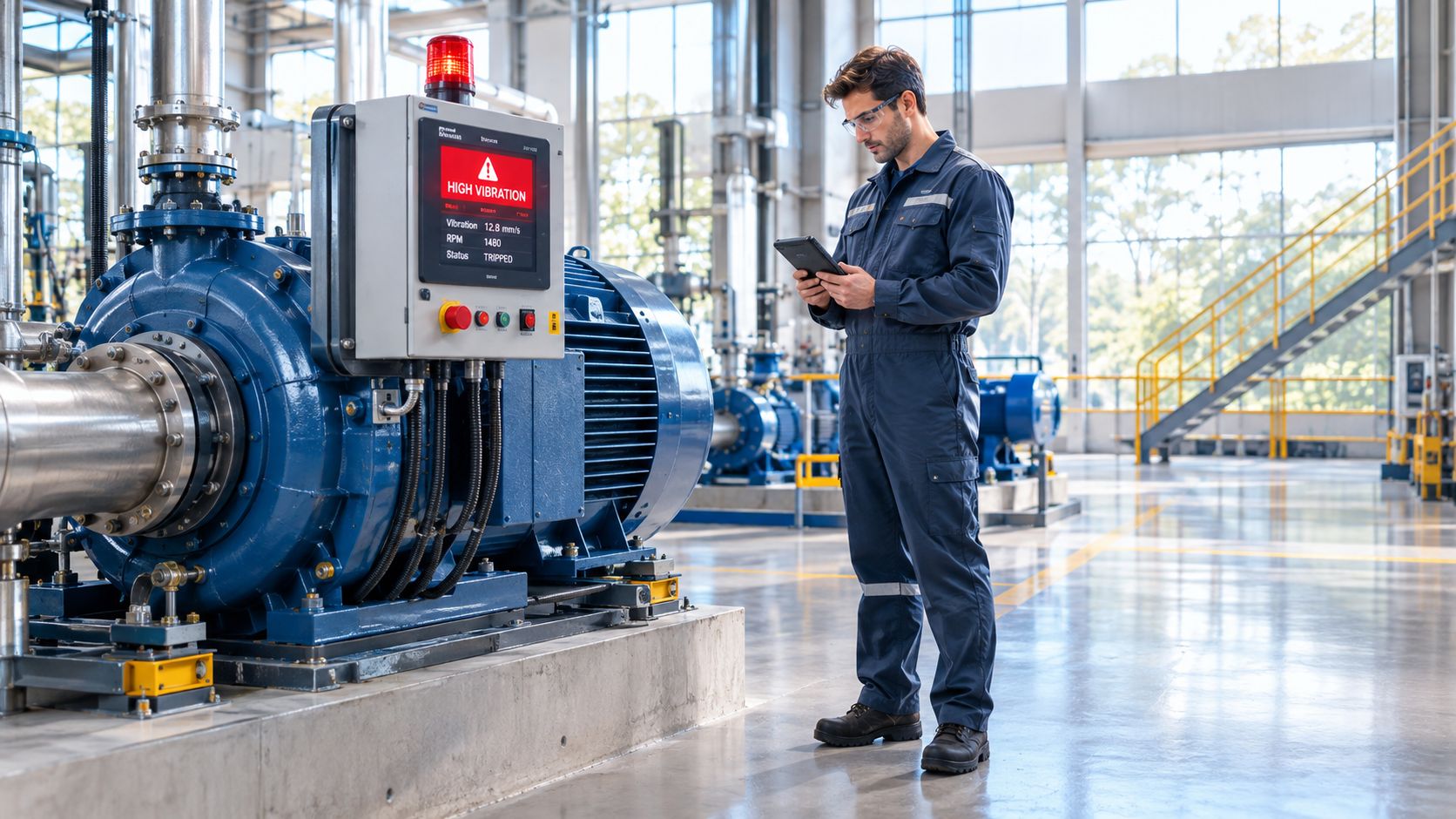 A technician wearing safety glasses and coveralls inspects a malfunctioning industrial motor with a digital tablet.