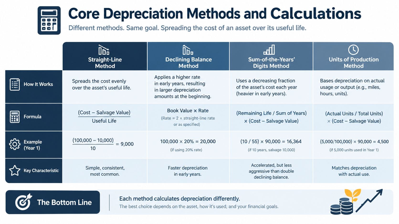 An infographic showing four core depreciation methods: Straight-Line, Declining Balance, Sum-of-the-Years' Digits, and Units of Production.