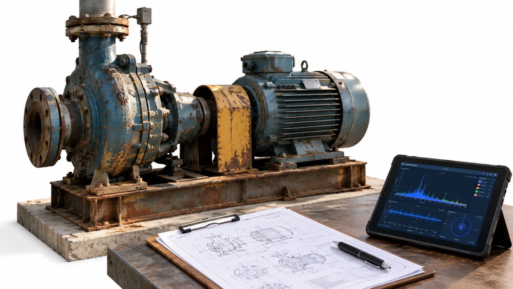 An industrial pump and motor setup being inspected with technical blueprints and a digital diagnostic tablet.