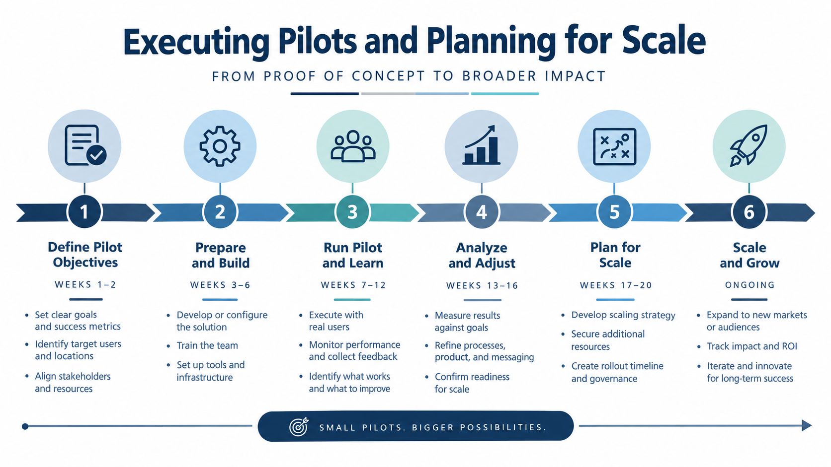 A six-step infographic guide titled Executing Pilots and Planning for Scale from proof of concept to impact.