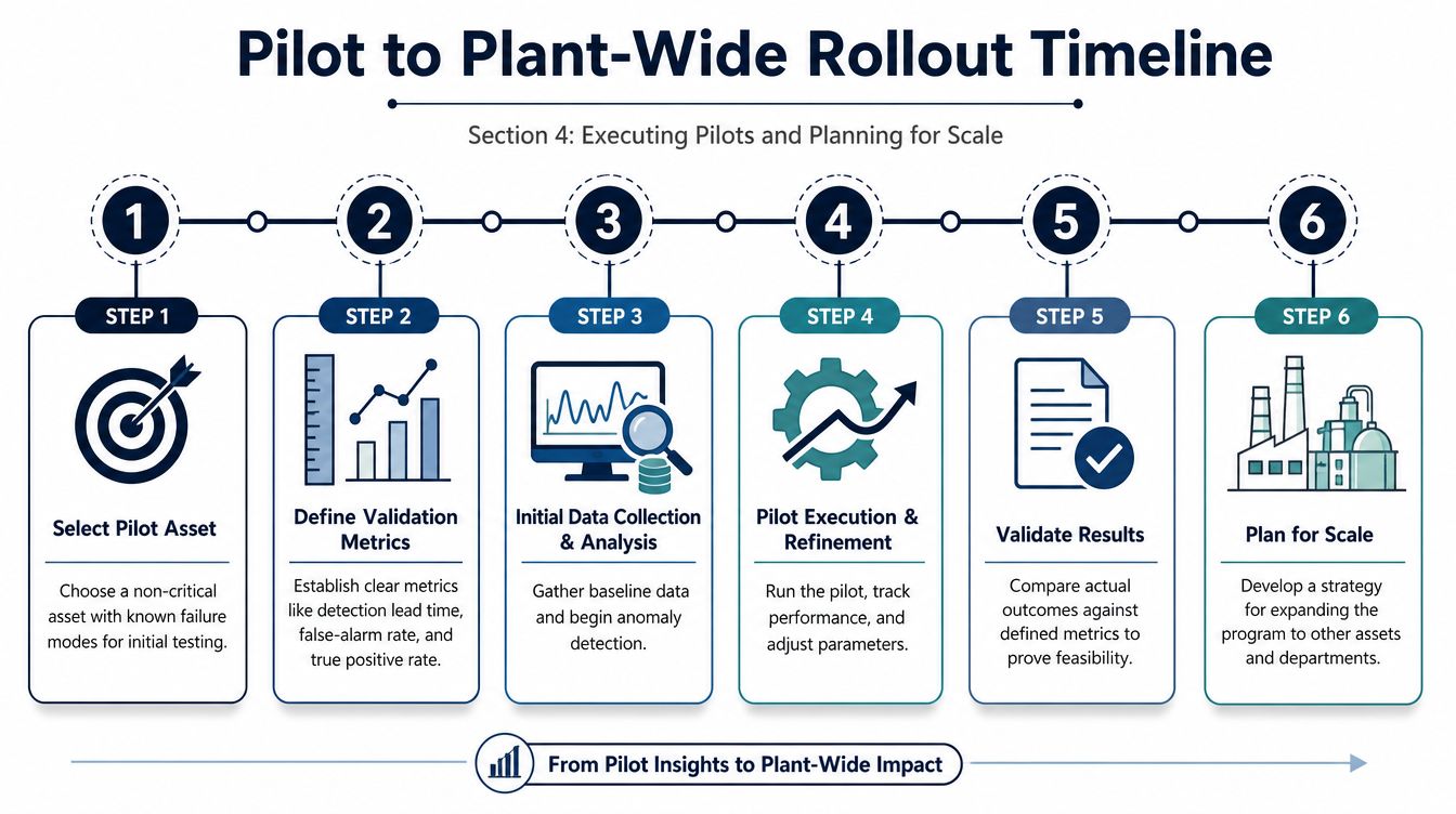 A six-step infographic illustrating the timeline for transitioning from a pilot project to a plant-wide rollout.