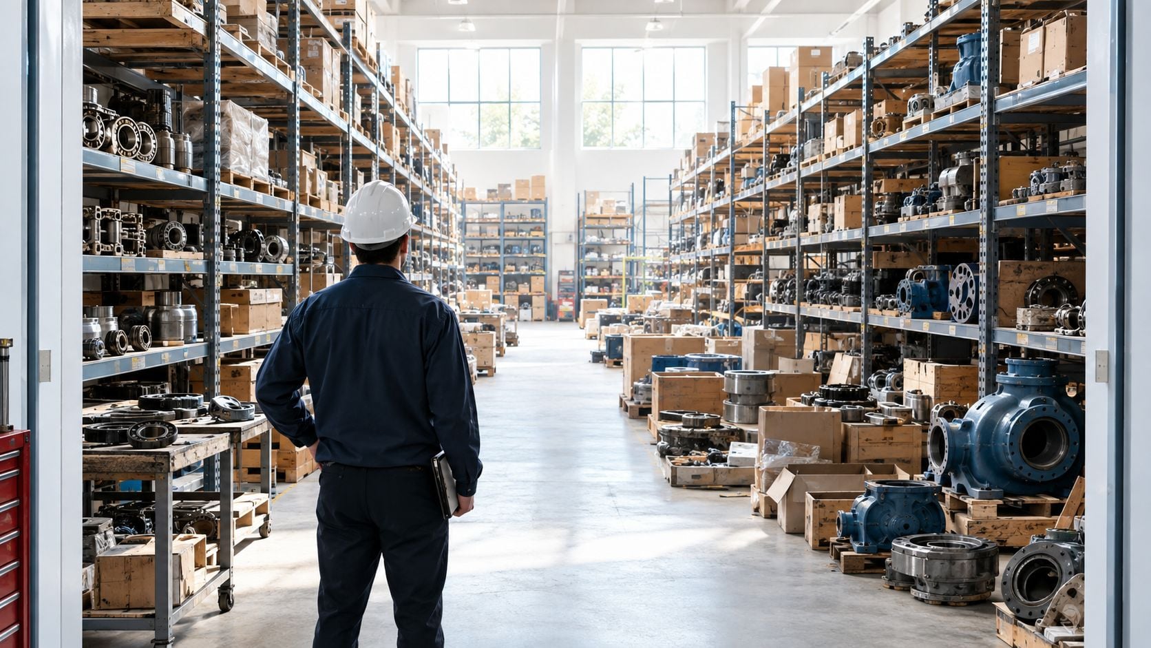 A warehouse manager in a hard hat inspects shelves full of industrial equipment and spare parts.