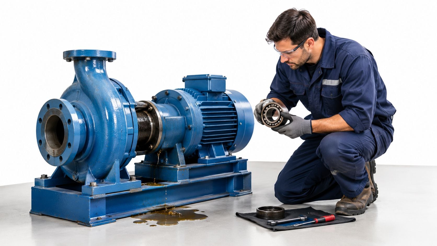 A maintenance technician in workwear inspecting a mechanical bearing beside a leaking industrial pump for repair.