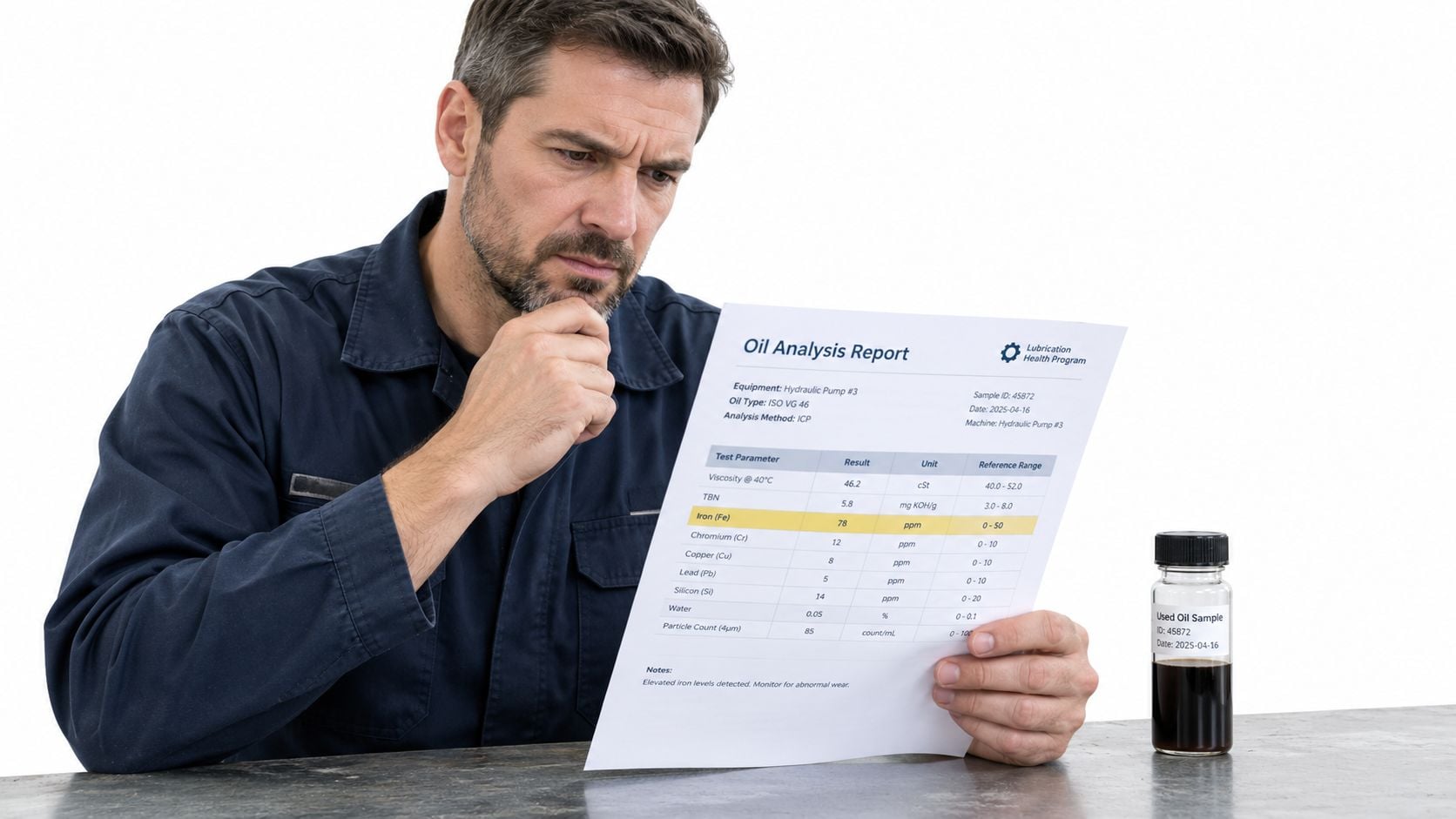 A technician wearing a navy uniform examines an oil analysis report for a hydraulic pump.