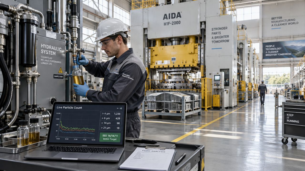A technician performing an oil particle count analysis on industrial hydraulic equipment in a manufacturing factory.
