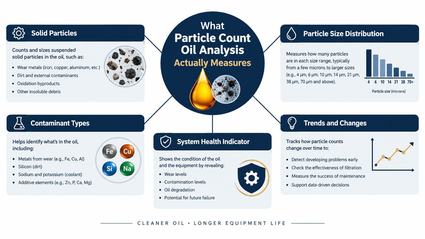 An infographic titled What Particle Count Oil Analysis Actually Measures, highlighting its benefits for equipment maintenance and oil health.