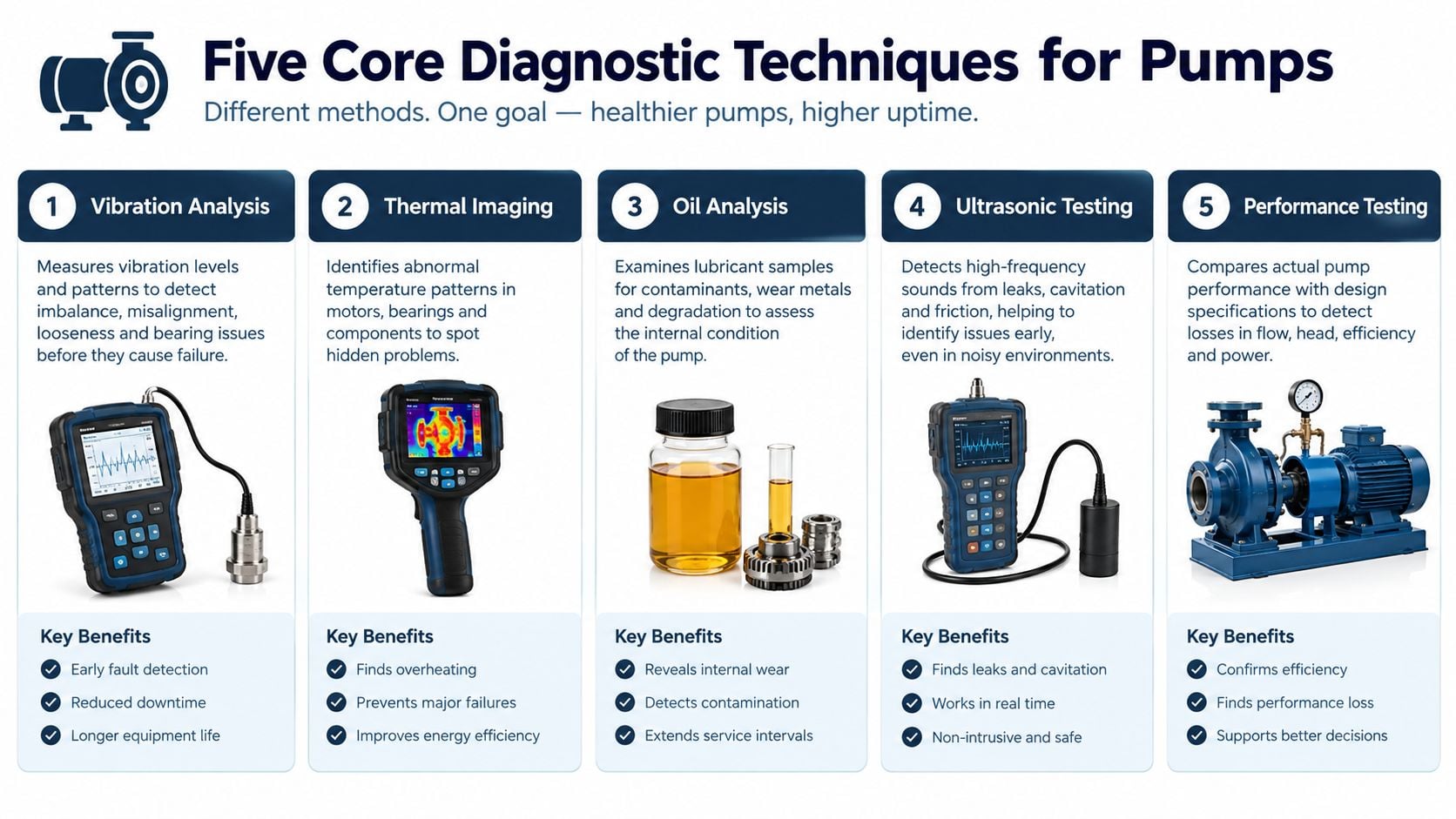An infographic detailing five essential diagnostic techniques for industrial pump condition monitoring and maintenance strategies.