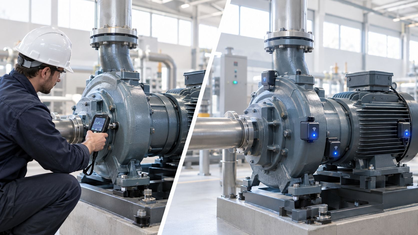 An industrial technician performs manual vibration analysis on a pump alongside an automated wireless sensor system.