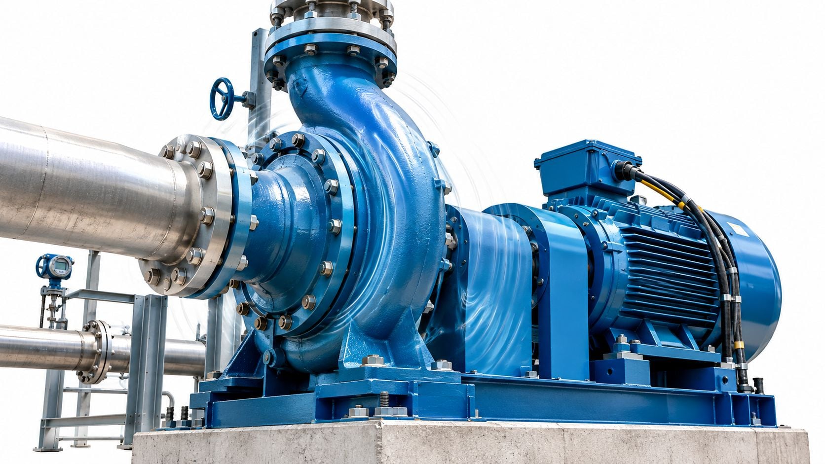 Industrial centrifugal pump connected to an electric motor for predictive maintenance vibration analysis on a concrete base.