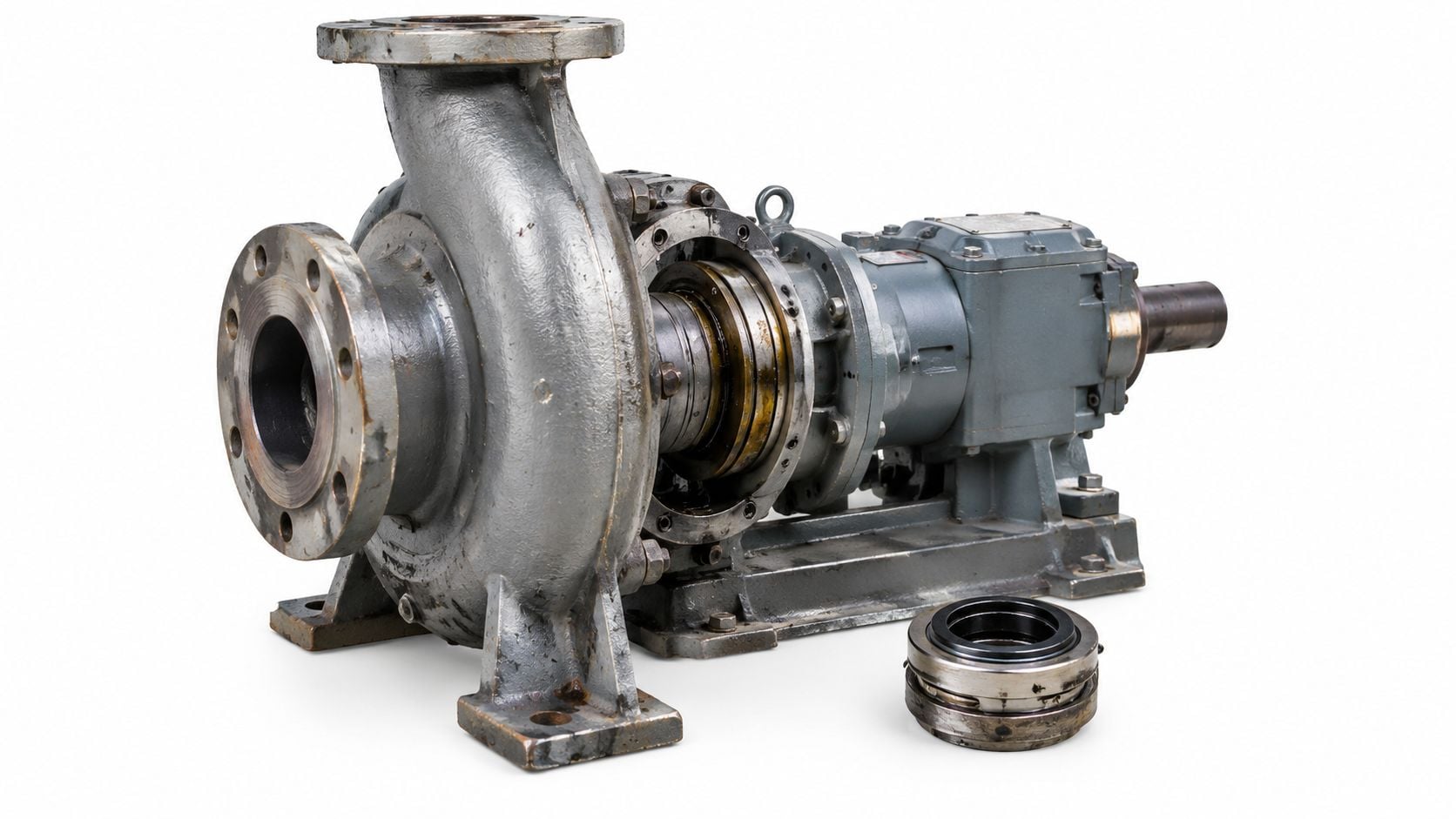 An industrial centrifugal pump with a mechanical seal component placed in the foreground for maintenance illustration.