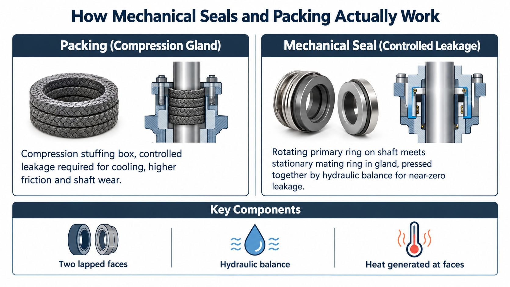 A technical infographic comparing traditional compression packing and mechanical seals in industrial pump applications.