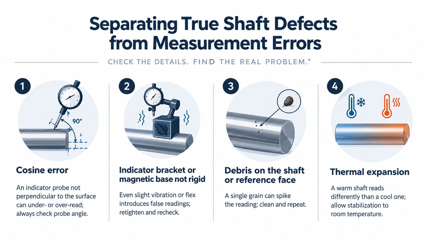 An infographic illustrating four common causes of measurement errors when checking for shaft runout defects.