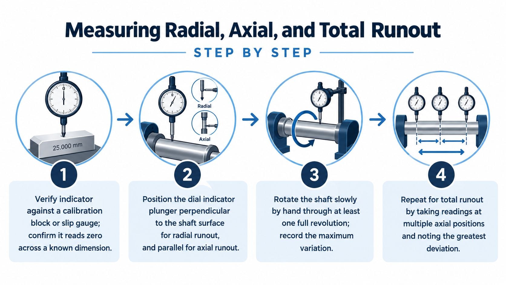 A four-step infographic showing how to measure radial, axial, and total runout of a mechanical shaft.