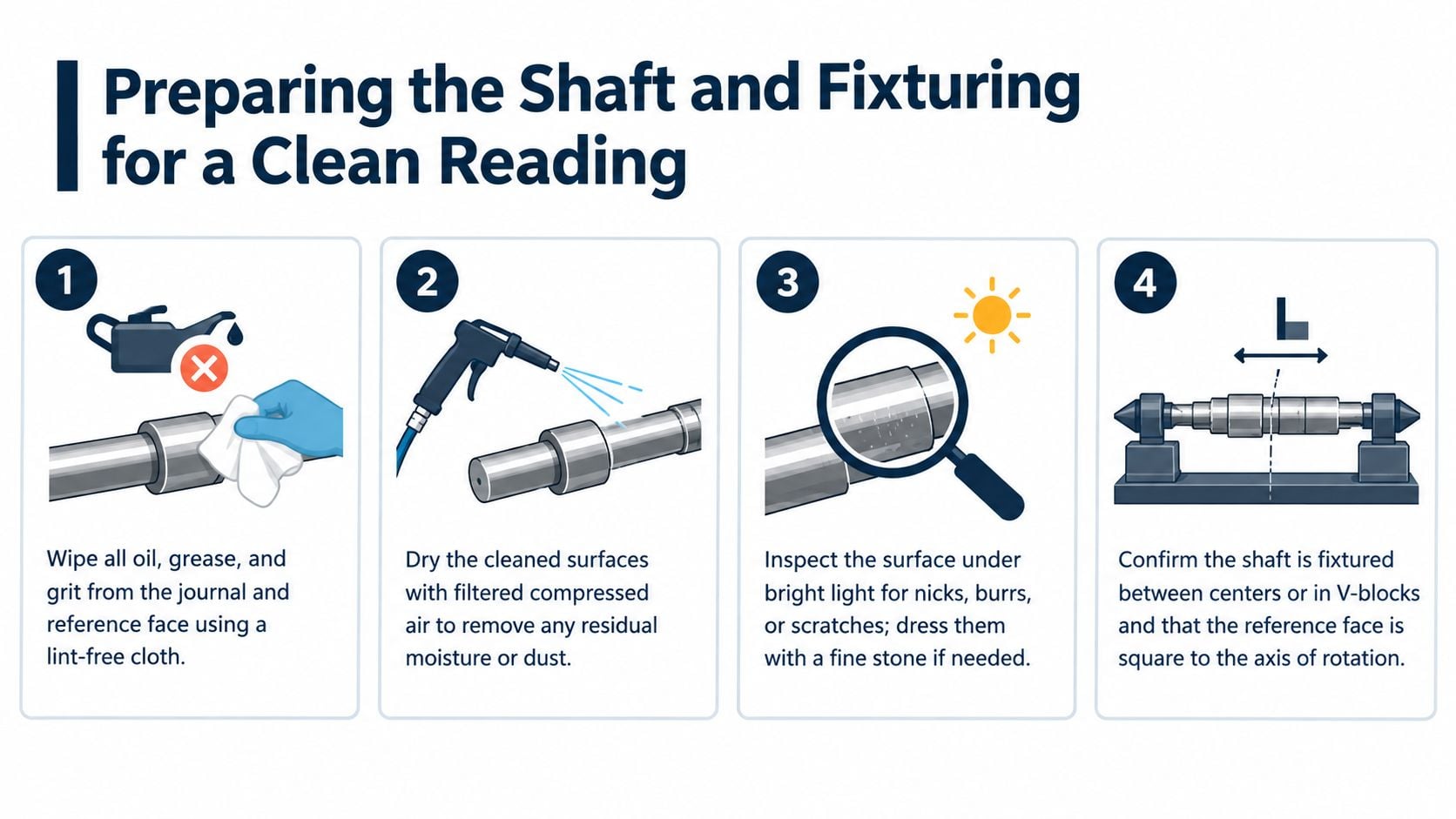 A four-step instructional guide showing how to prepare a mechanical shaft for accurate runout measurement inspection.