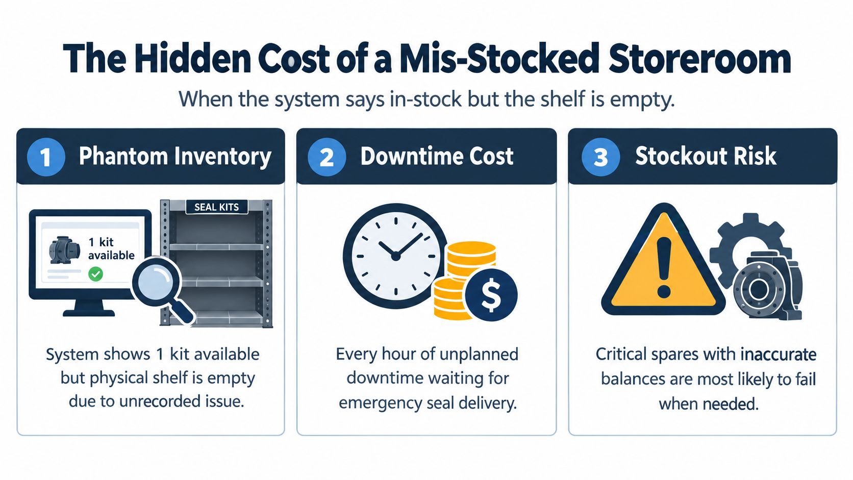 An infographic detailing the hidden costs of mis-stocked storerooms, including phantom inventory, downtime, and stockout risks.