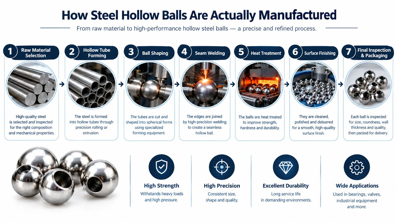 A seven-step manufacturing infographic detailing the production process of steel hollow balls from raw material to finished product.