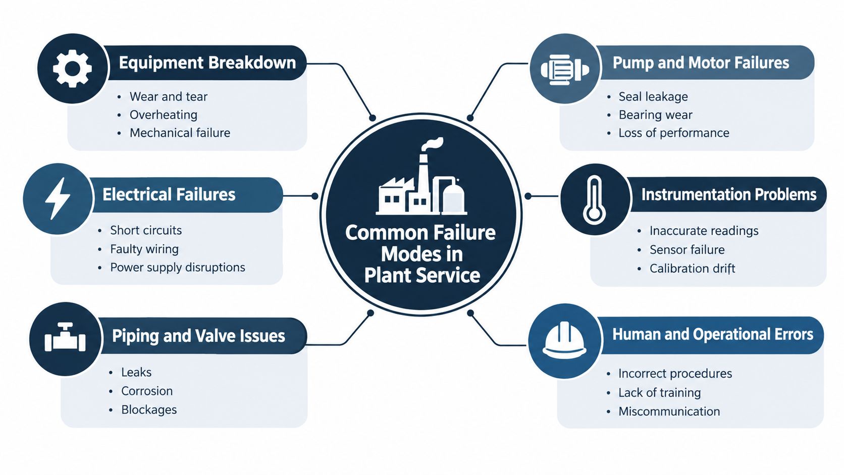 A diagram illustrating common failure modes in industrial plant service including equipment, electrical, piping, pump, and human errors.