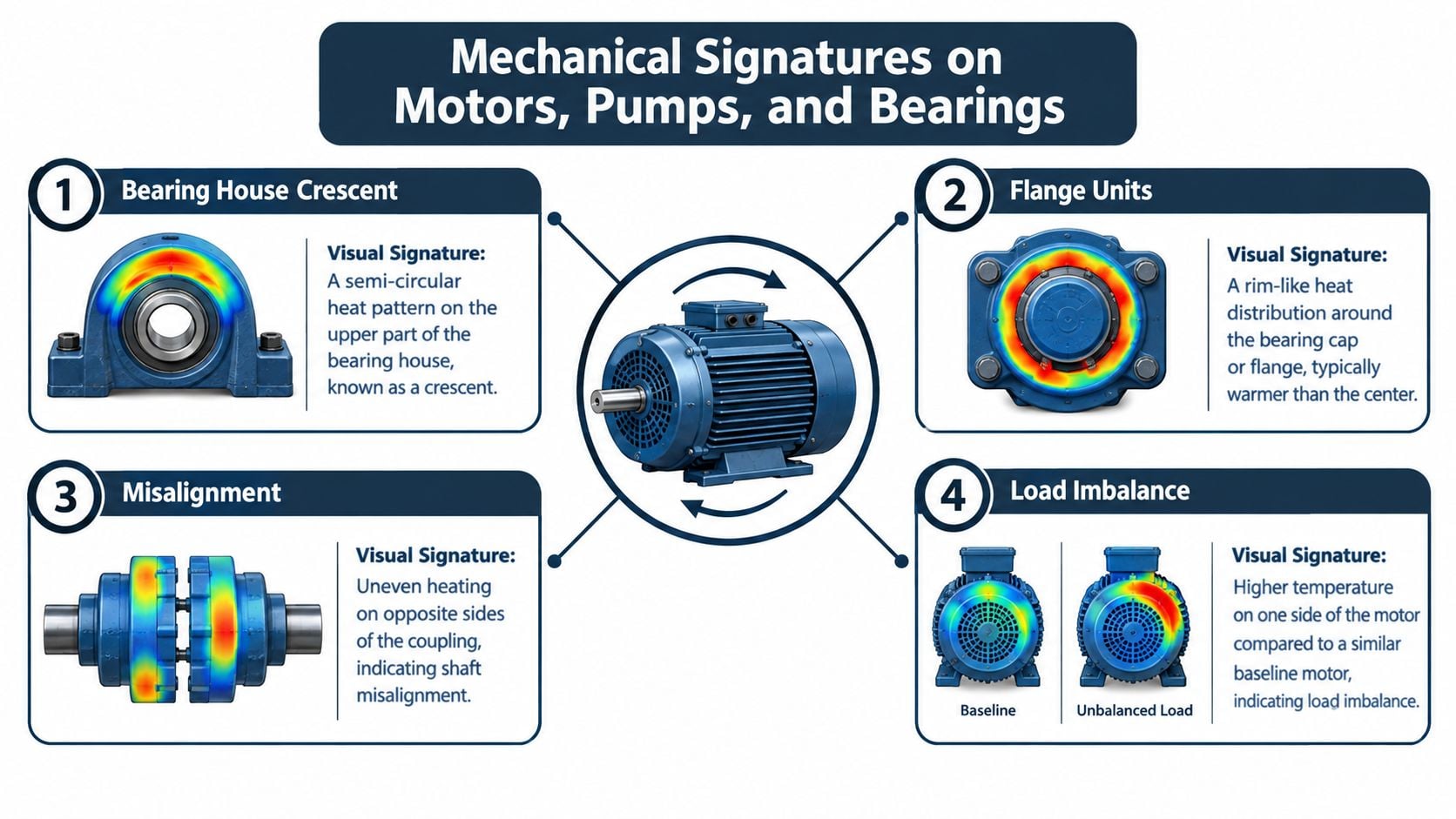 An infographic showing four common mechanical failure modes on motors and bearings identified by thermal imaging signatures.