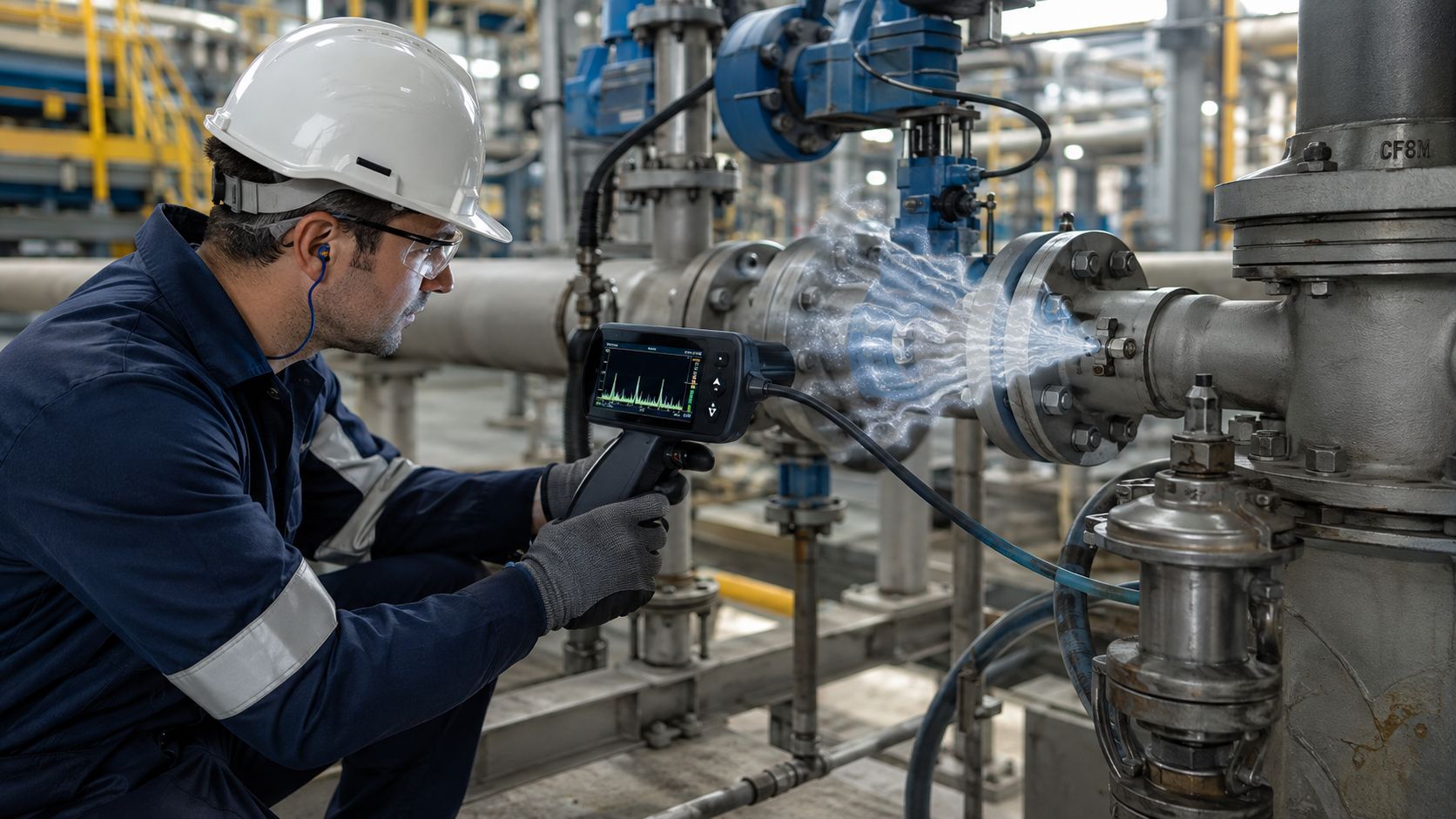 An industrial technician uses an ultrasound detector to inspect pipe connections and detect leaks at a plant.