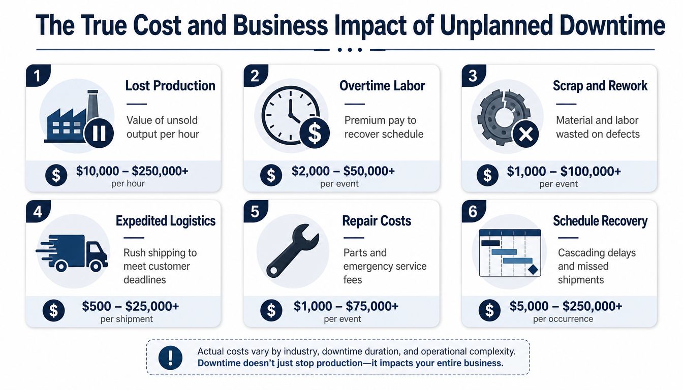 An infographic showing six major business impacts and financial costs associated with unplanned manufacturing downtime.