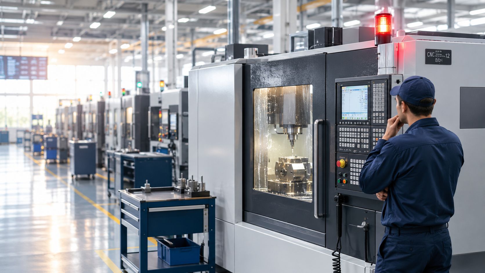 A factory worker in blue uniform inspects a CNC machine in a modern, well-lit manufacturing facility.