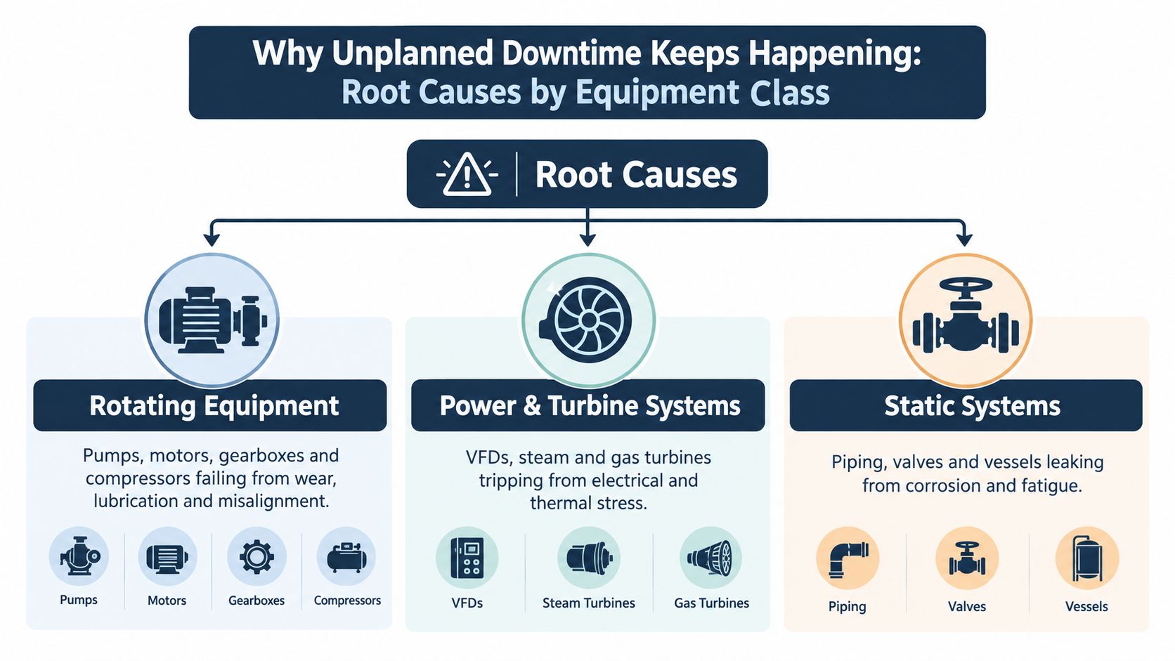 A diagram categorizing the root causes of unplanned industrial equipment downtime into rotating, power and turbine, and static systems.