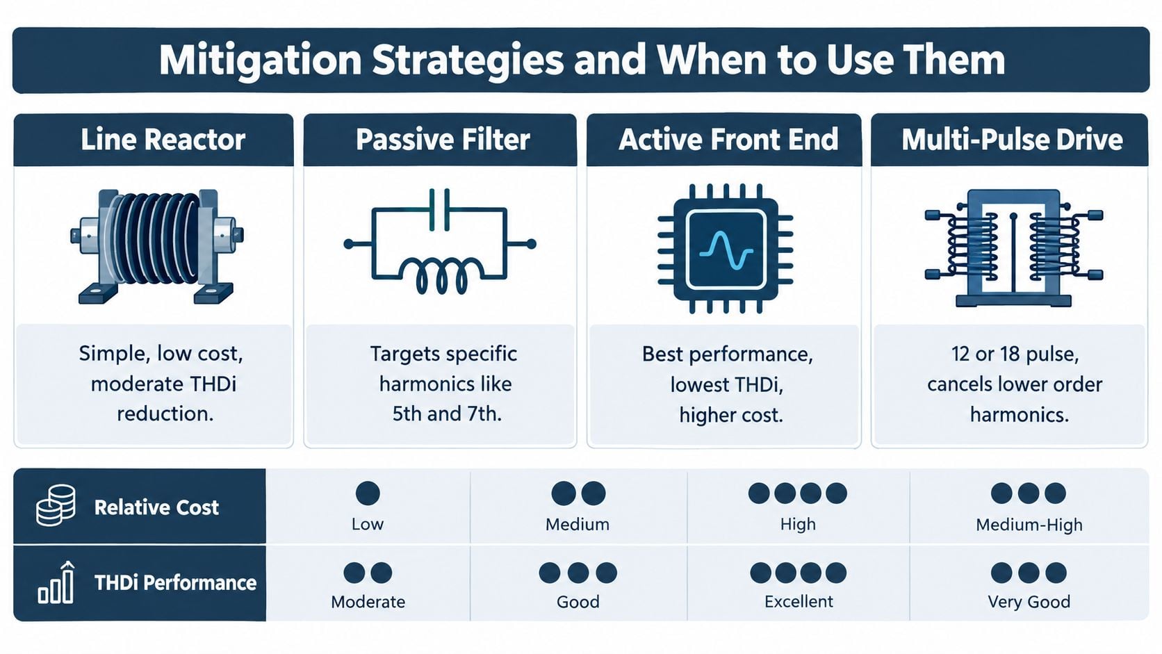 A comparison chart outlining four mitigation strategies for VFD harmonic reduction including cost and performance metrics.