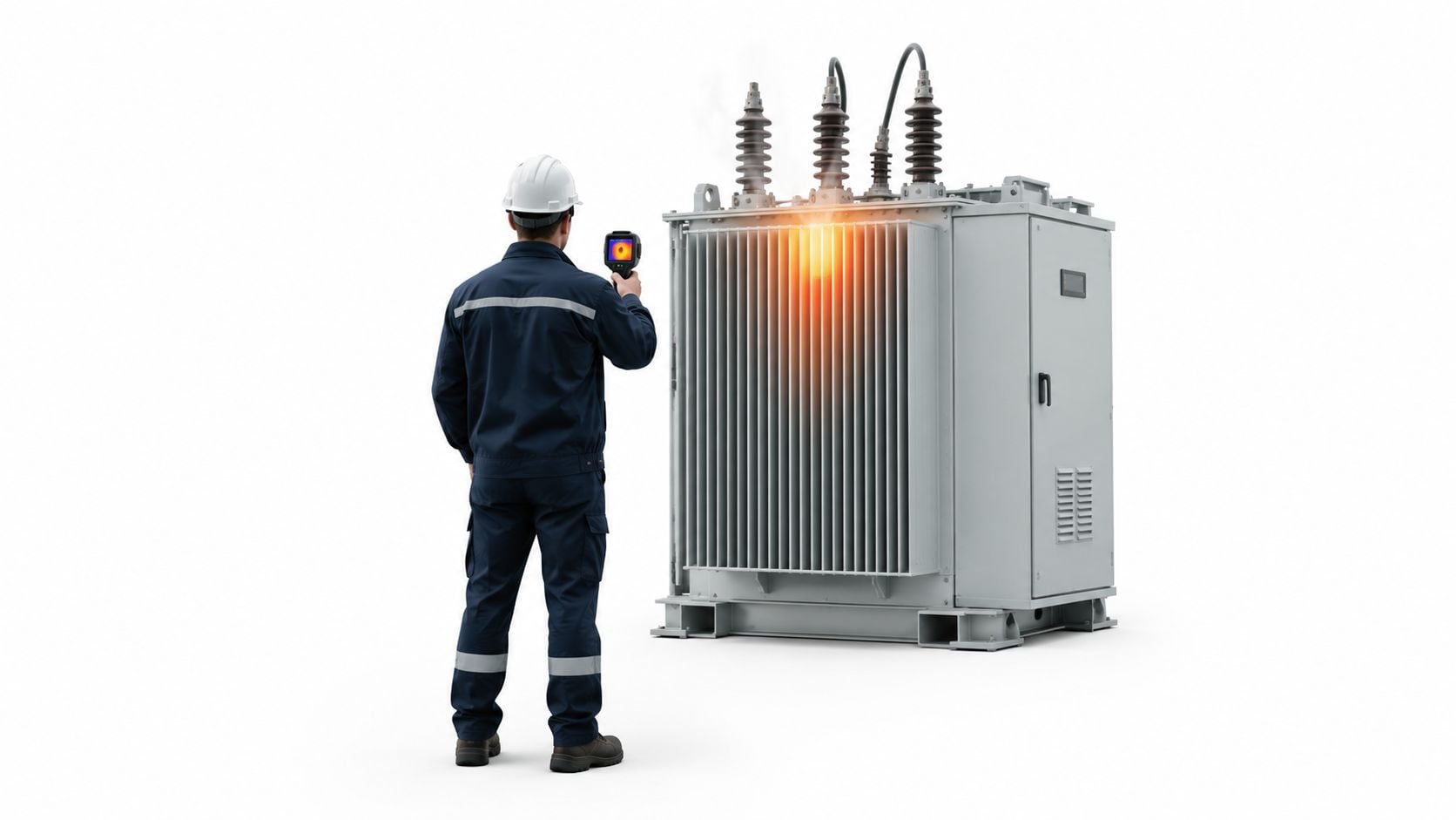 A technician using a thermal imaging camera to inspect a large industrial electrical transformer for heat issues.