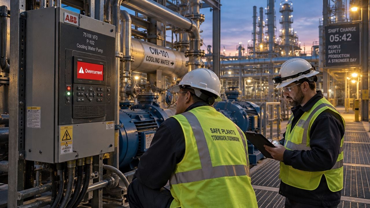 Two engineers inspecting an ABB variable frequency drive displaying an overcurrent error at an industrial facility.