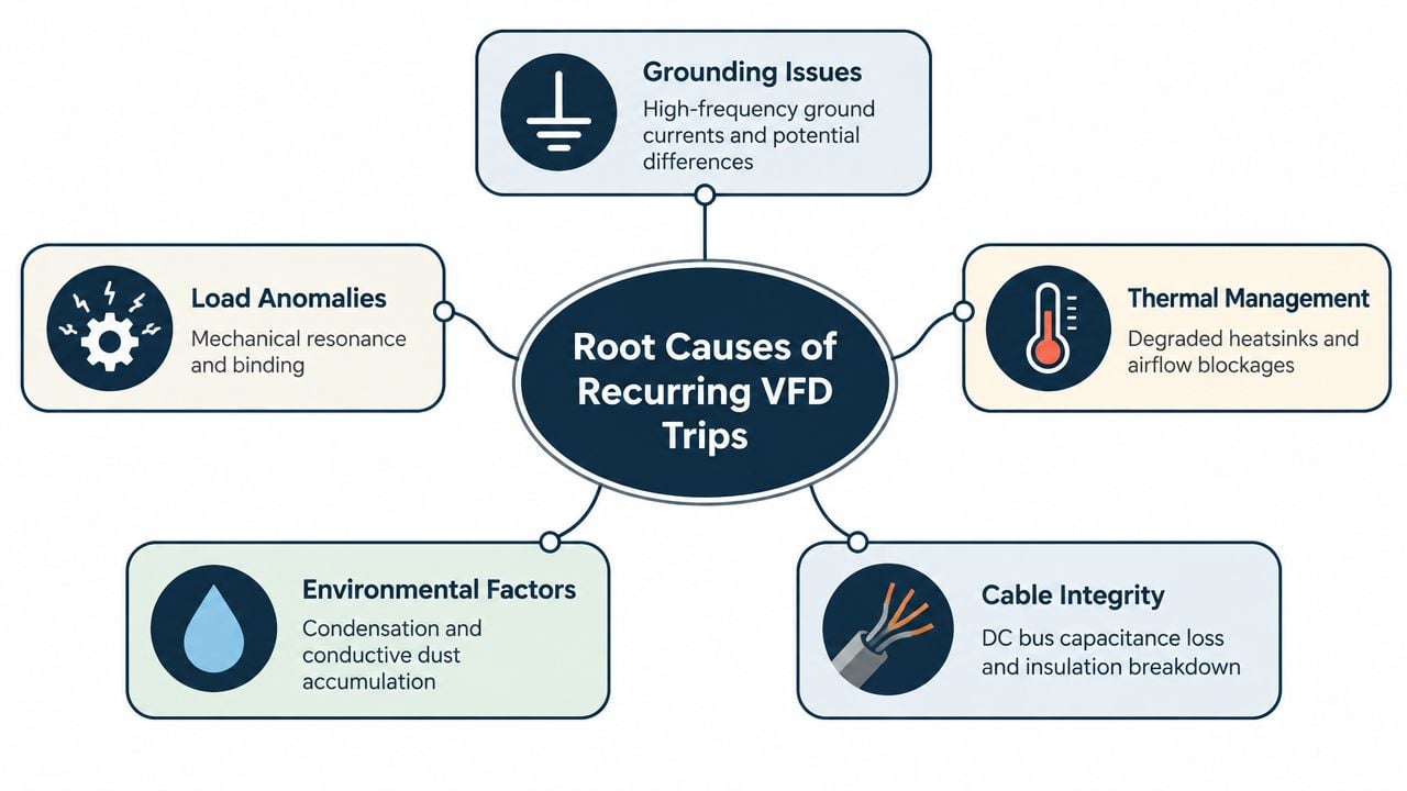 A diagram outlining the common root causes of recurring VFD trips in industrial electrical systems.