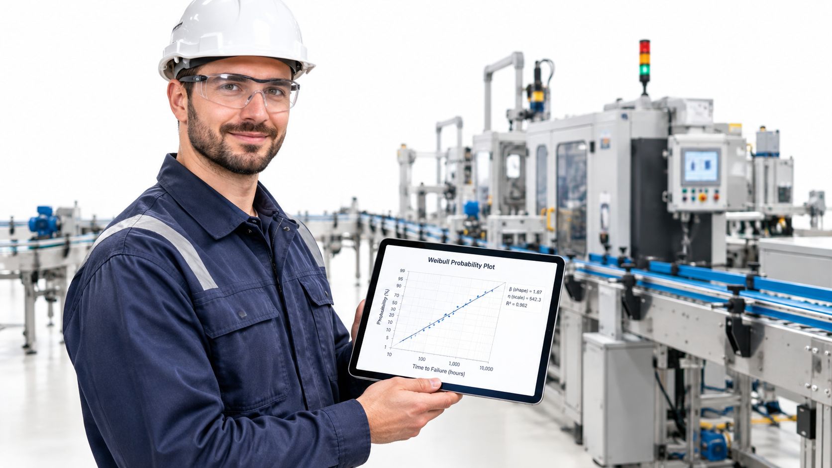 An industrial technician holding a tablet displaying a Weibull probability plot in a modern manufacturing facility.