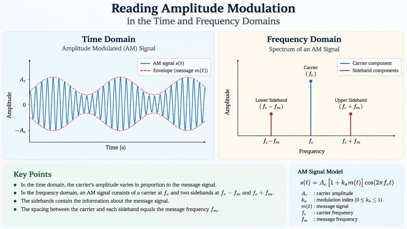 A diagram comparing an amplitude modulated signal in the time domain and its frequency domain spectrum.