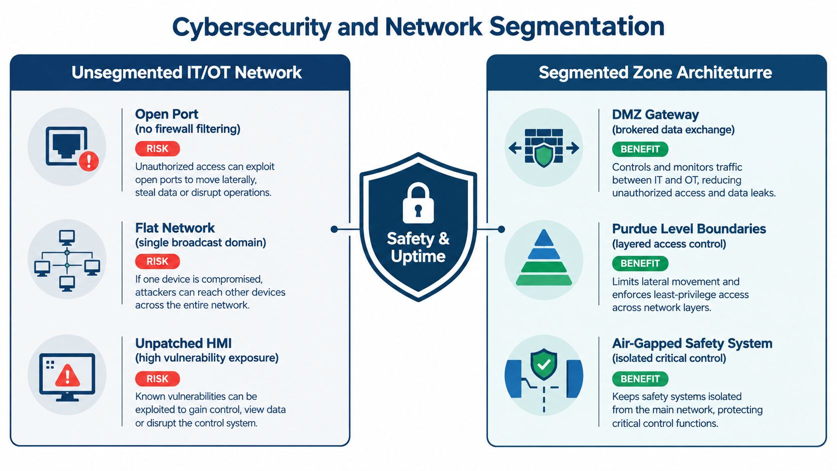 A comparison chart showing risks of unsegmented IT/OT networks versus benefits of segmented zone architecture for cybersecurity.