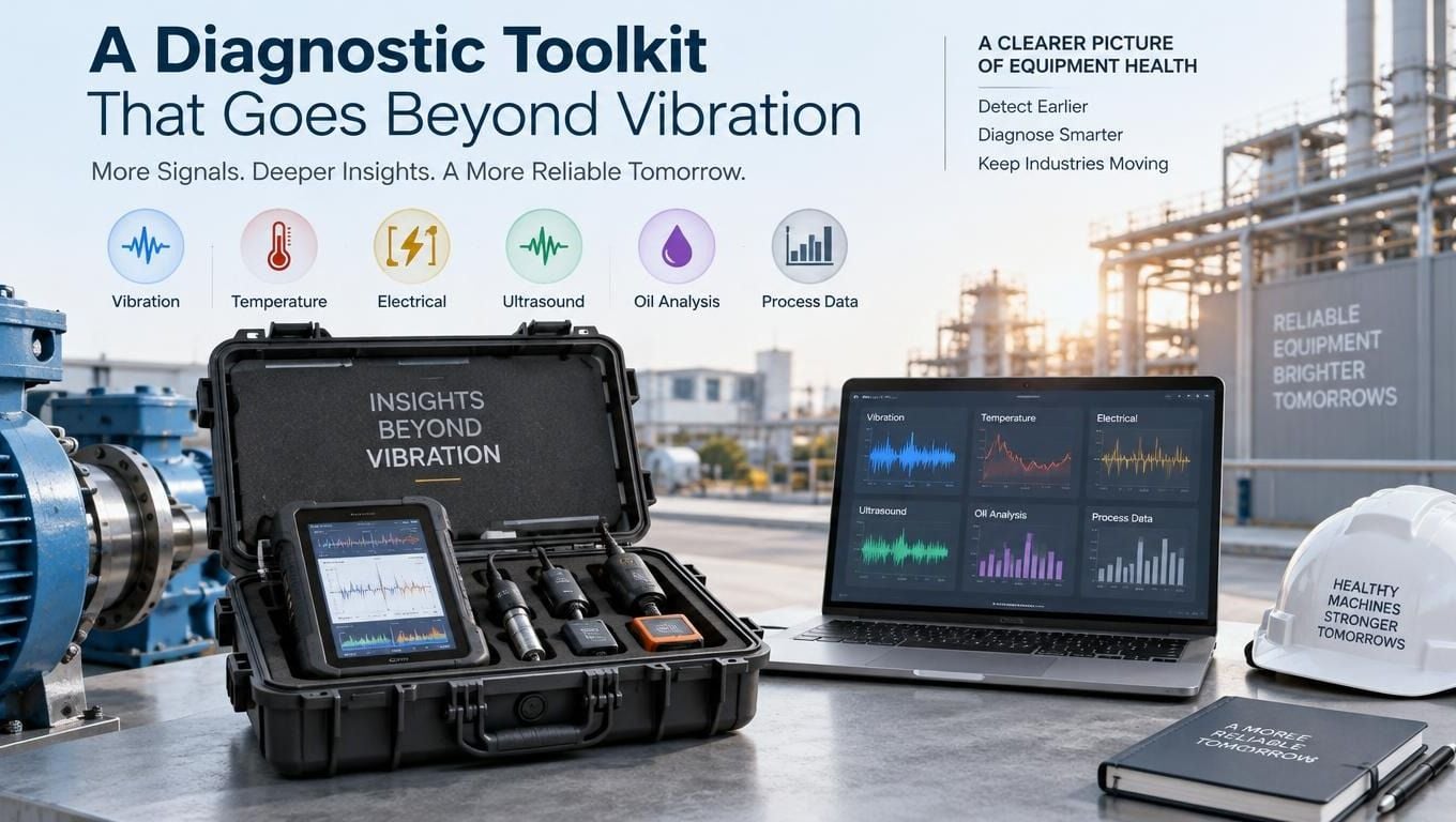 A diagnostic equipment toolkit showing vibration, temperature, electrical, ultrasound, oil, and process data for pump maintenance.