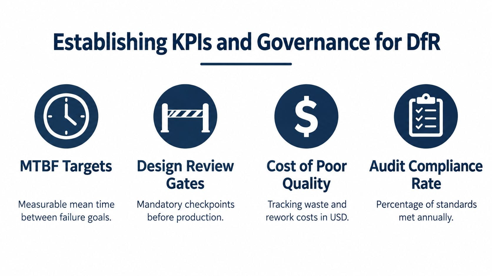 An infographic detailing four key performance indicators for Design for Reliability, including MTBF targets, design review gates, cost of quality, and audit compliance.
