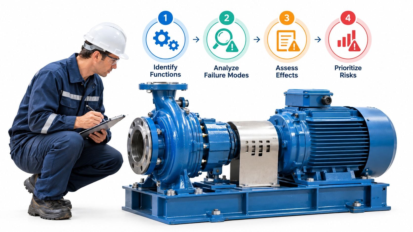 An industrial technician in protective gear inspects a blue water pump while a four-step process diagram appears above.