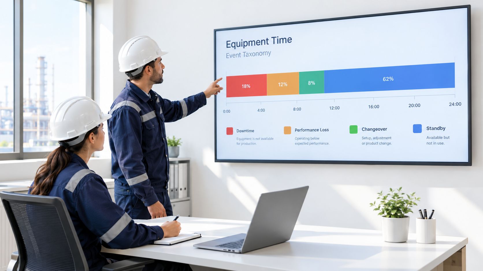 Two engineers in hard hats reviewing equipment downtime and performance data on a large office screen.