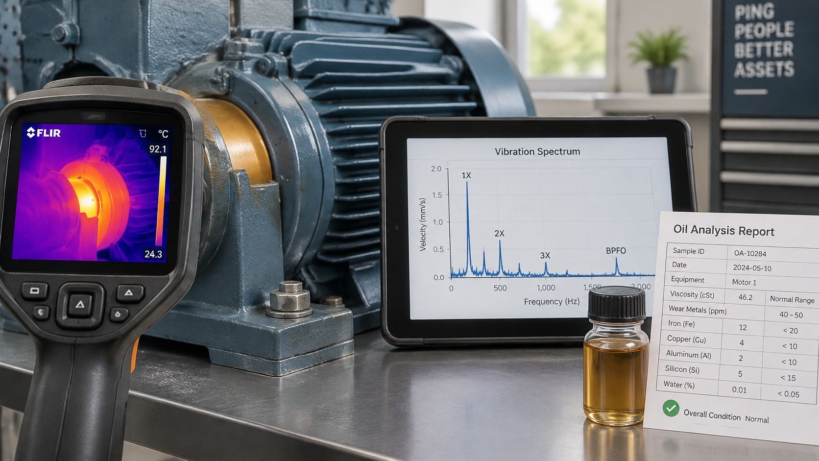 A thermal imaging camera, a tablet displaying a vibration spectrum, and an oil analysis report for machinery maintenance.