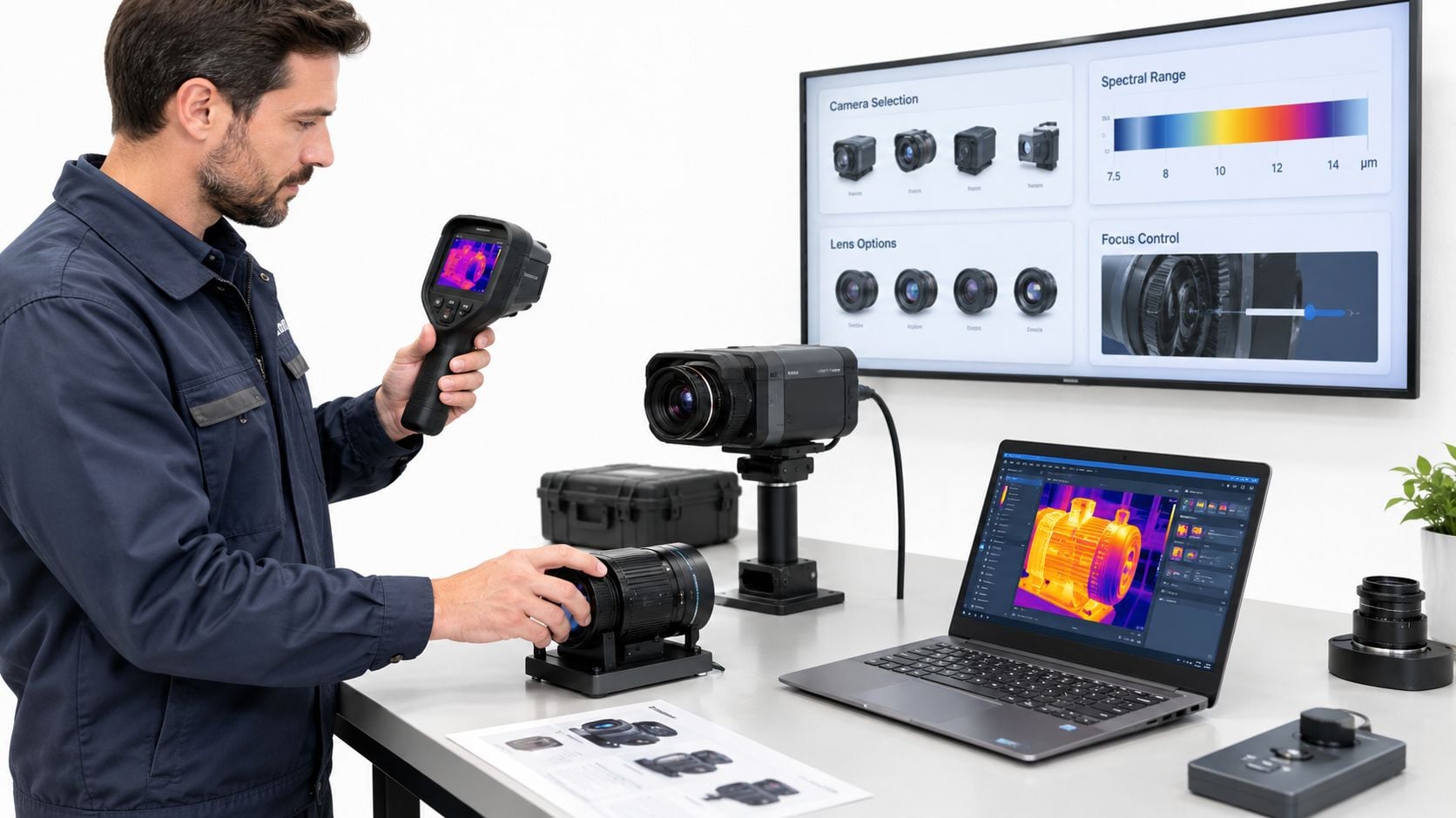 A technician using a thermal imaging camera to test equipment during a predictive maintenance and infrared thermography session.